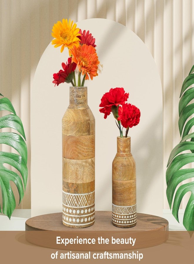 Behoma Boho Engraved Design Wooden Flower Vase Set of 2, Bottle Shape Mango Wood Vases for Flowers for Decor Home Living Room Kitchen Office, Natural Light Brown Finish | Height - 23 cm & 15 cm - Image 5